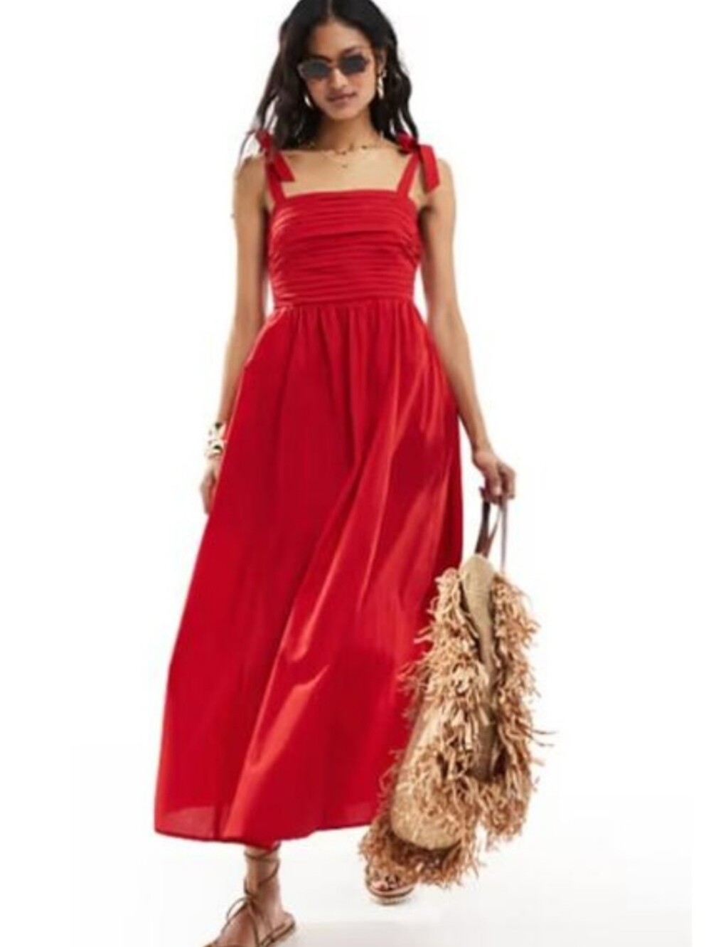 Abercrombie & Fitch Emerson Tie Strap Midi Dress Red Poplin Sleeveless Size MP